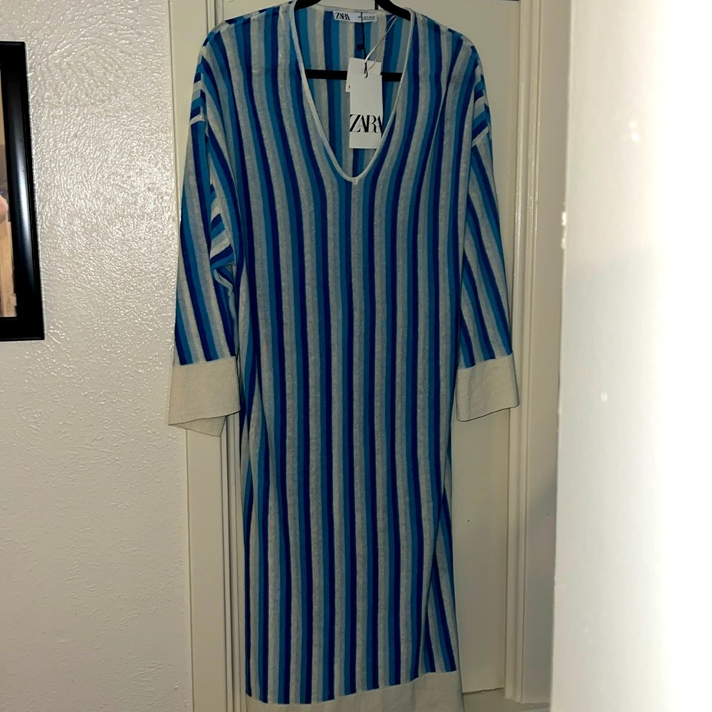 Zara | Midi Dress Linen Blend Blue White Striped Long Sleeve Beach- Size SMALL🔥